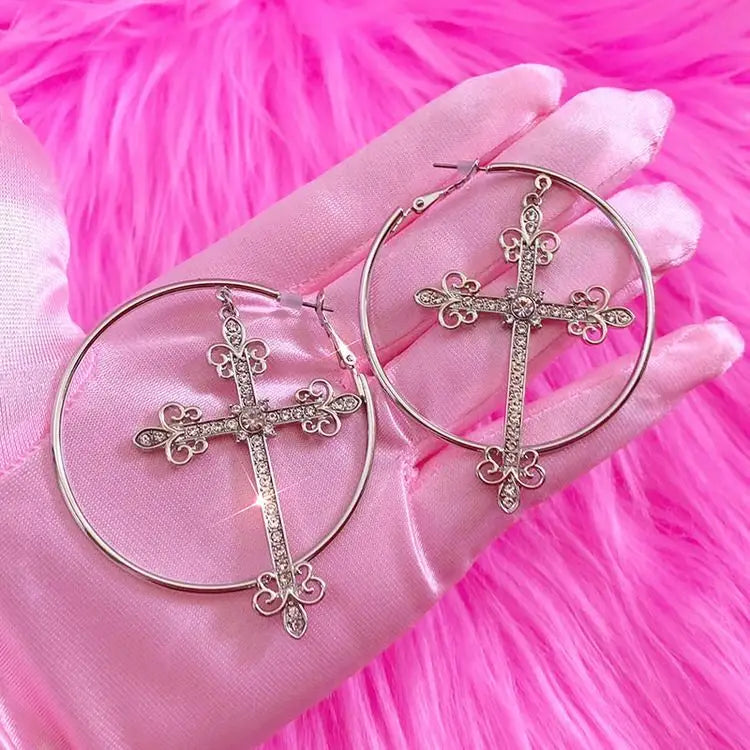 Crystal cross hoop earrings for y2k aesthetic flair - standart / silver - earrings