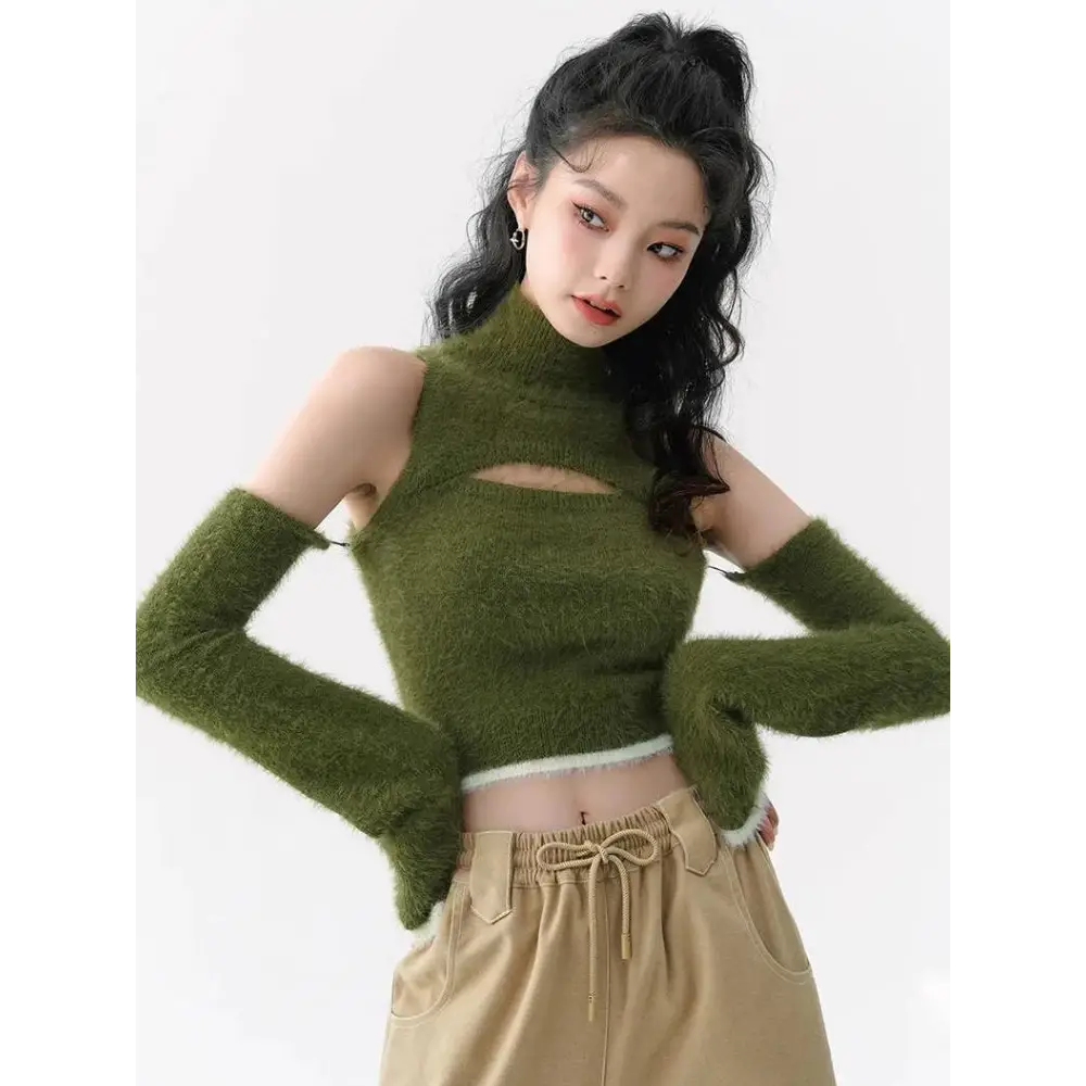 Cut out fluffy crop sweater top - green / s