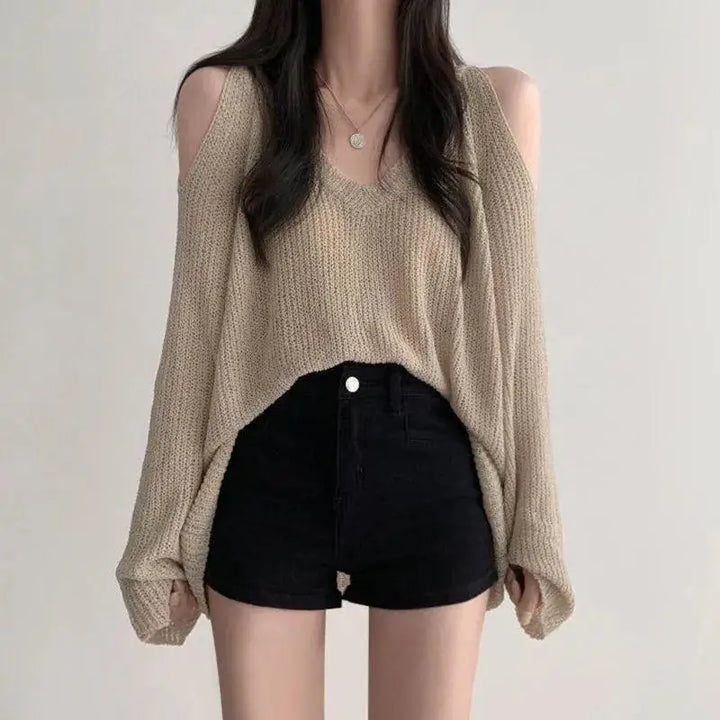 Loose knit sweater with cut-out shoulders and v-neckline - khaki / one size