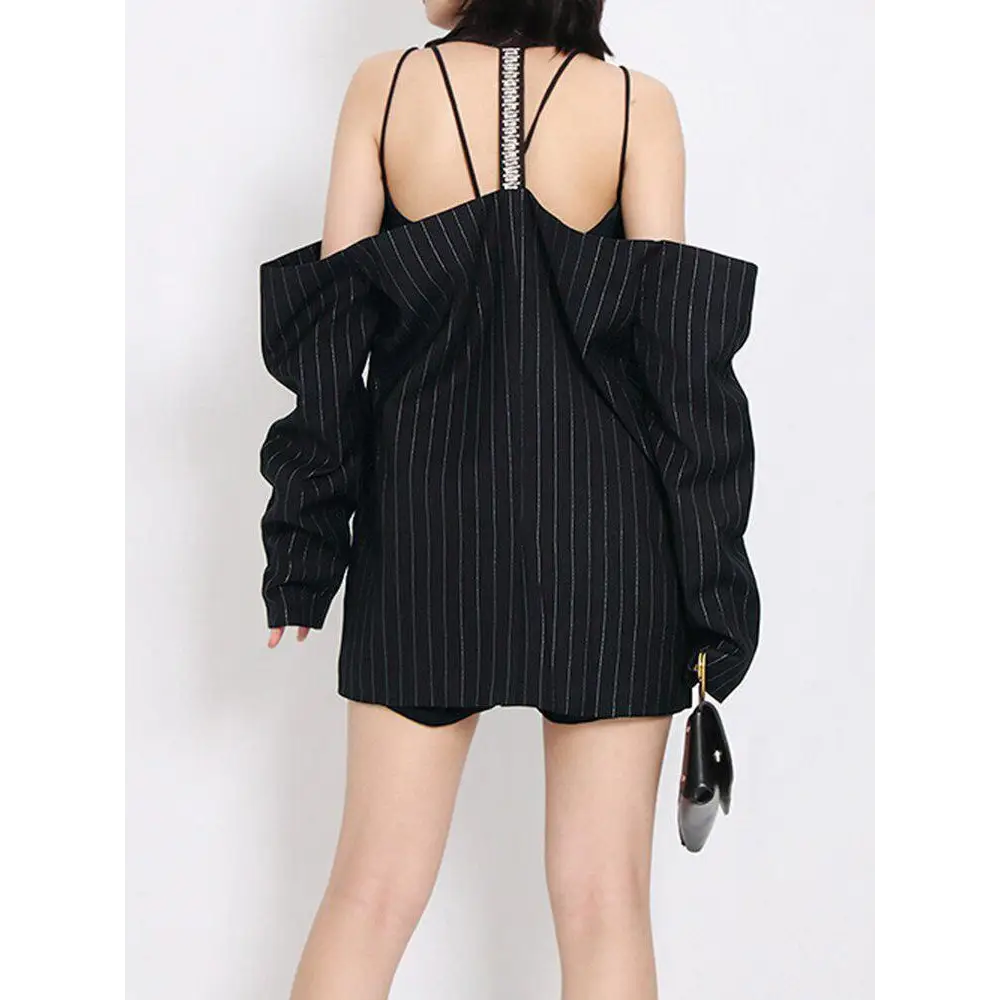 Black blazer with fixed off-the-shoulder sleeves and twin hip pockets - one size