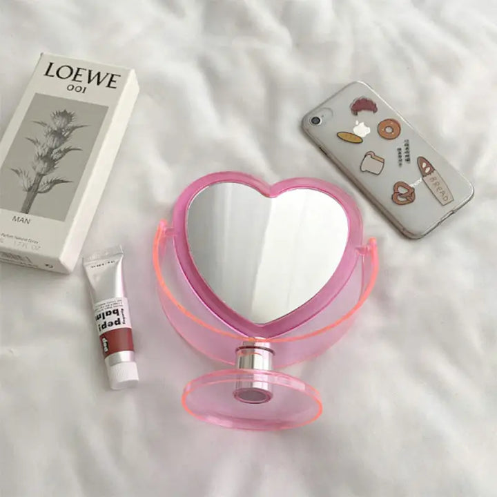 Cute heart makeup mirror for aesthetic desk and bedroom decor - pink