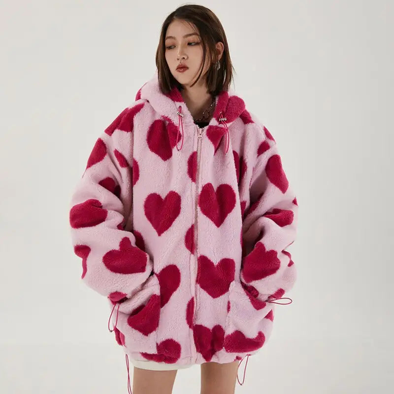 Cute heart-shaped jacket y2k - pink / s - furry