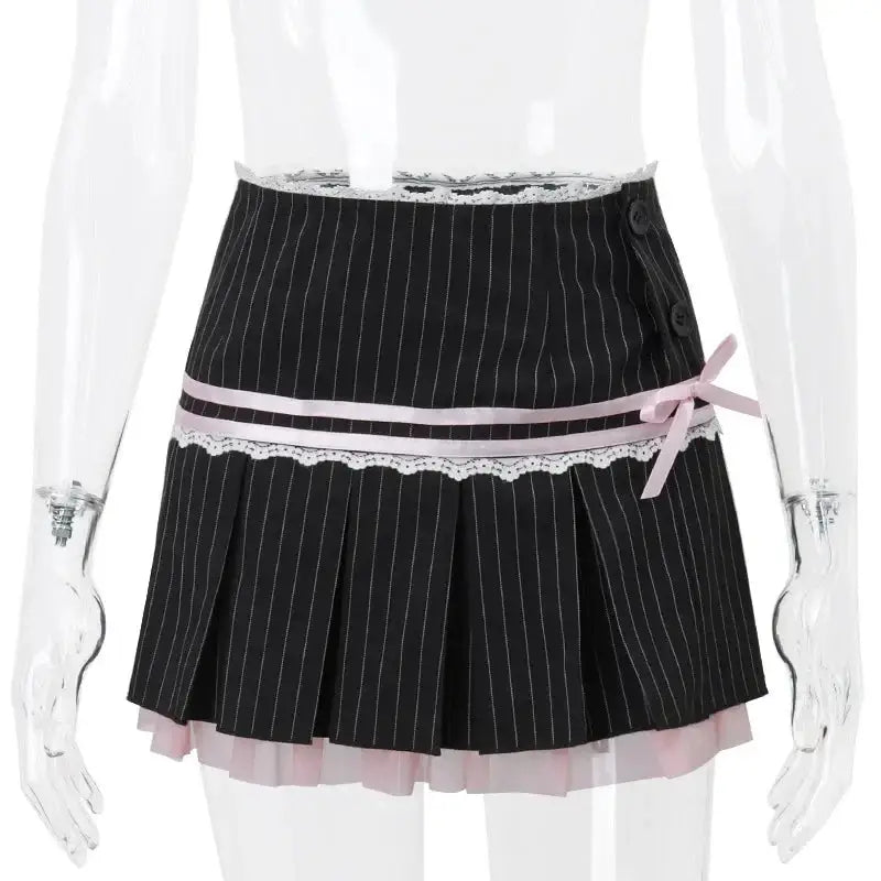 Y2k striped pleated mini dress with bow for women - black / s