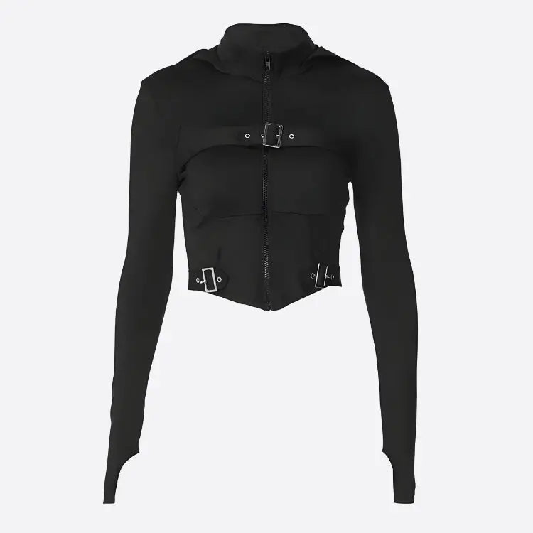 Futuristic cyberpunk crop top with belt details and high neck design - jacket