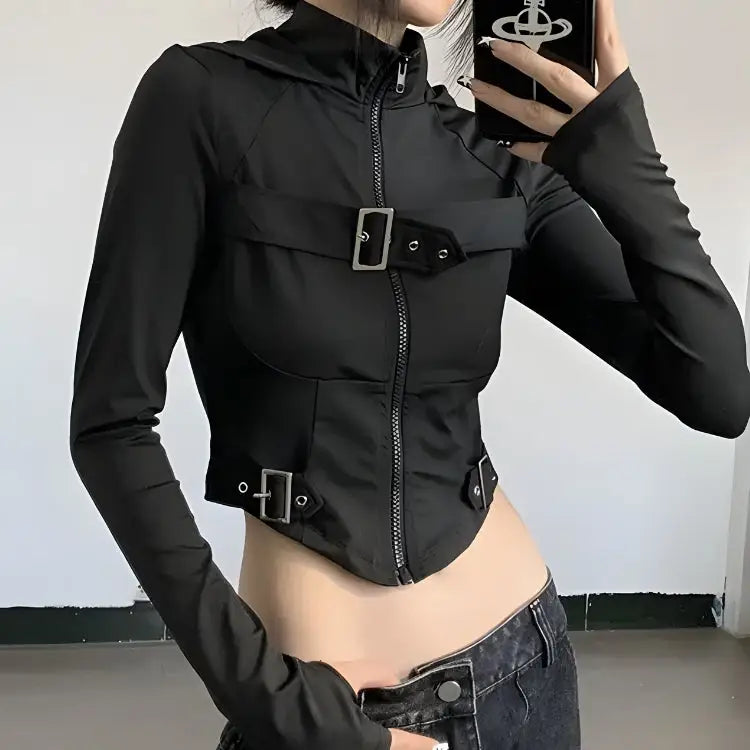 Futuristic cyberpunk crop top with belt details and high neck design - jacket