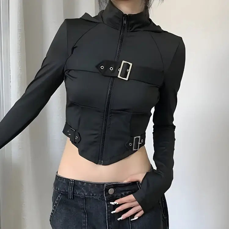 Cyberpunk belted zip-up crop jacket