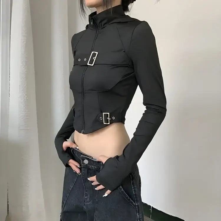 Futuristic cyberpunk crop top with belt details and high neck design - jacket