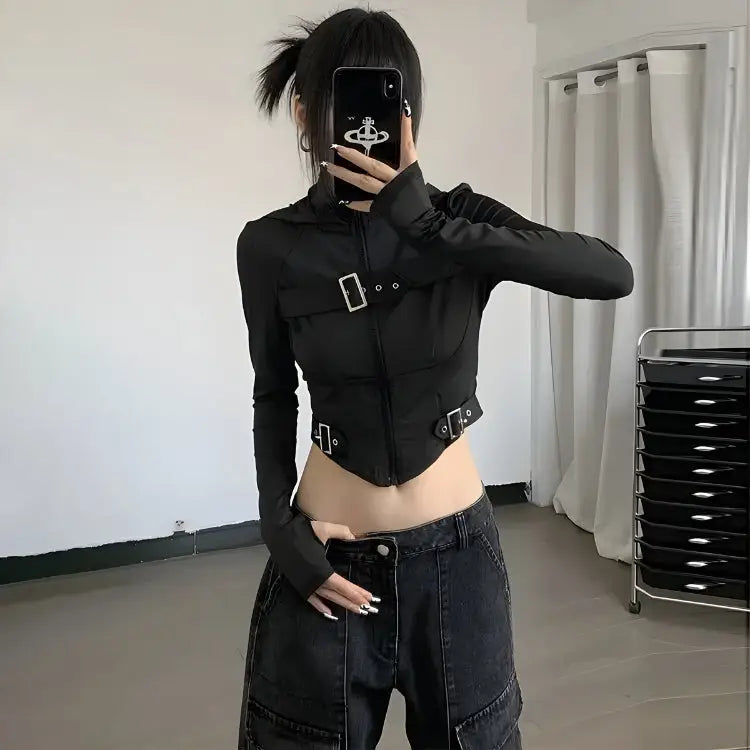 Cyberpunk belted zip-up crop jacket