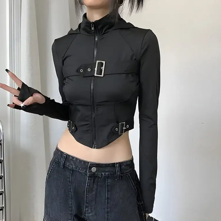 Cyberpunk belted zip-up crop jacket - black / s