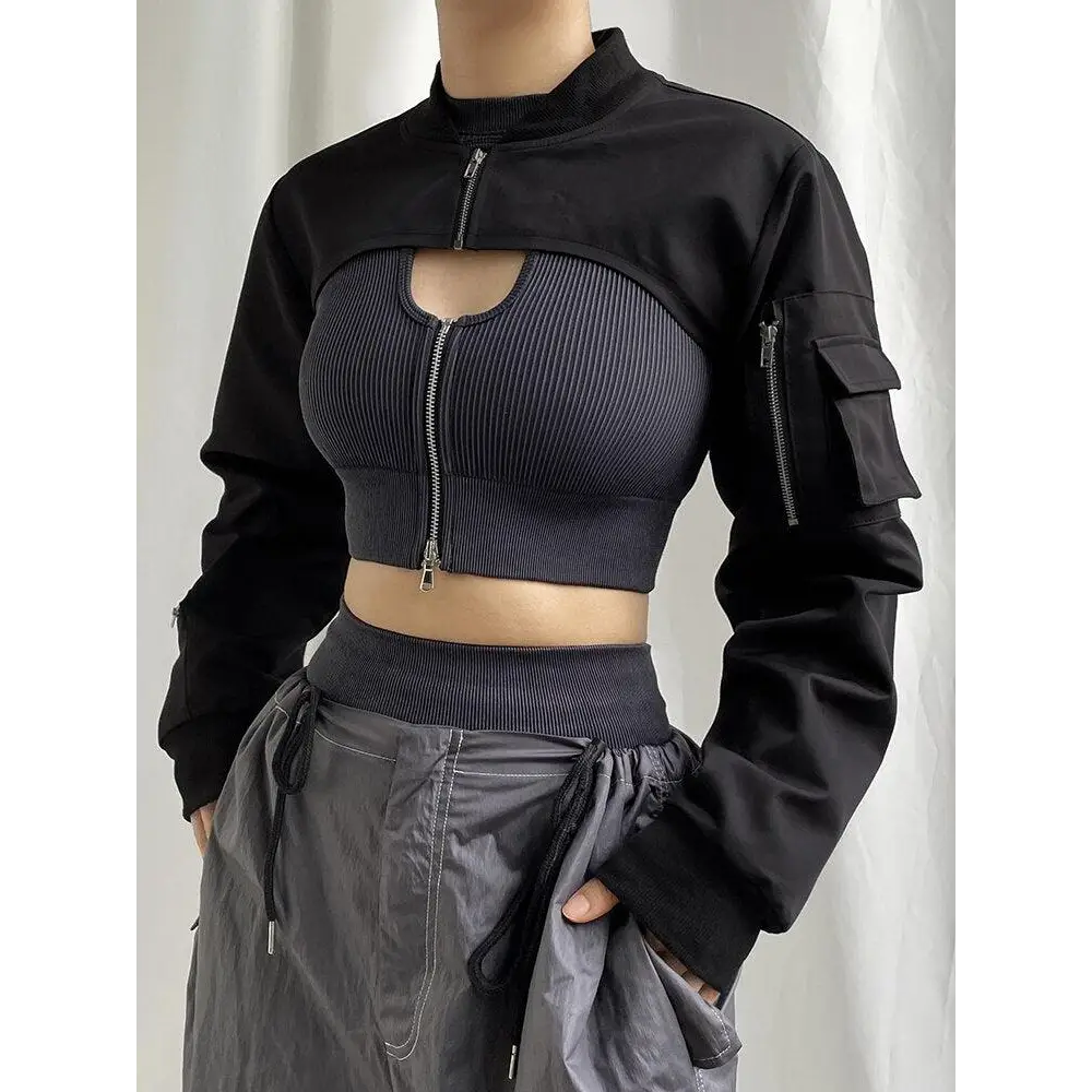 Cyberpunk aesthetic black bolero jacket with zip-up sleeve pockets