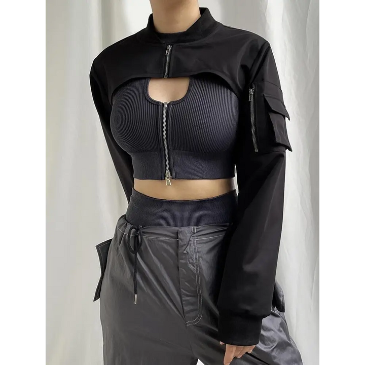 Cyberpunk aesthetic black bolero jacket with zip-up sleeve pockets