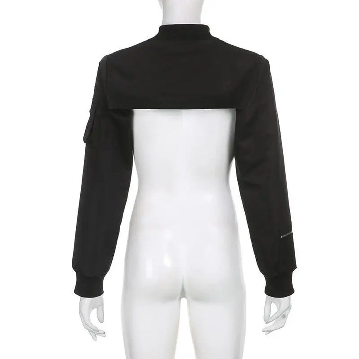 Cyberpunk aesthetic black bolero jacket with zip-up sleeve pockets