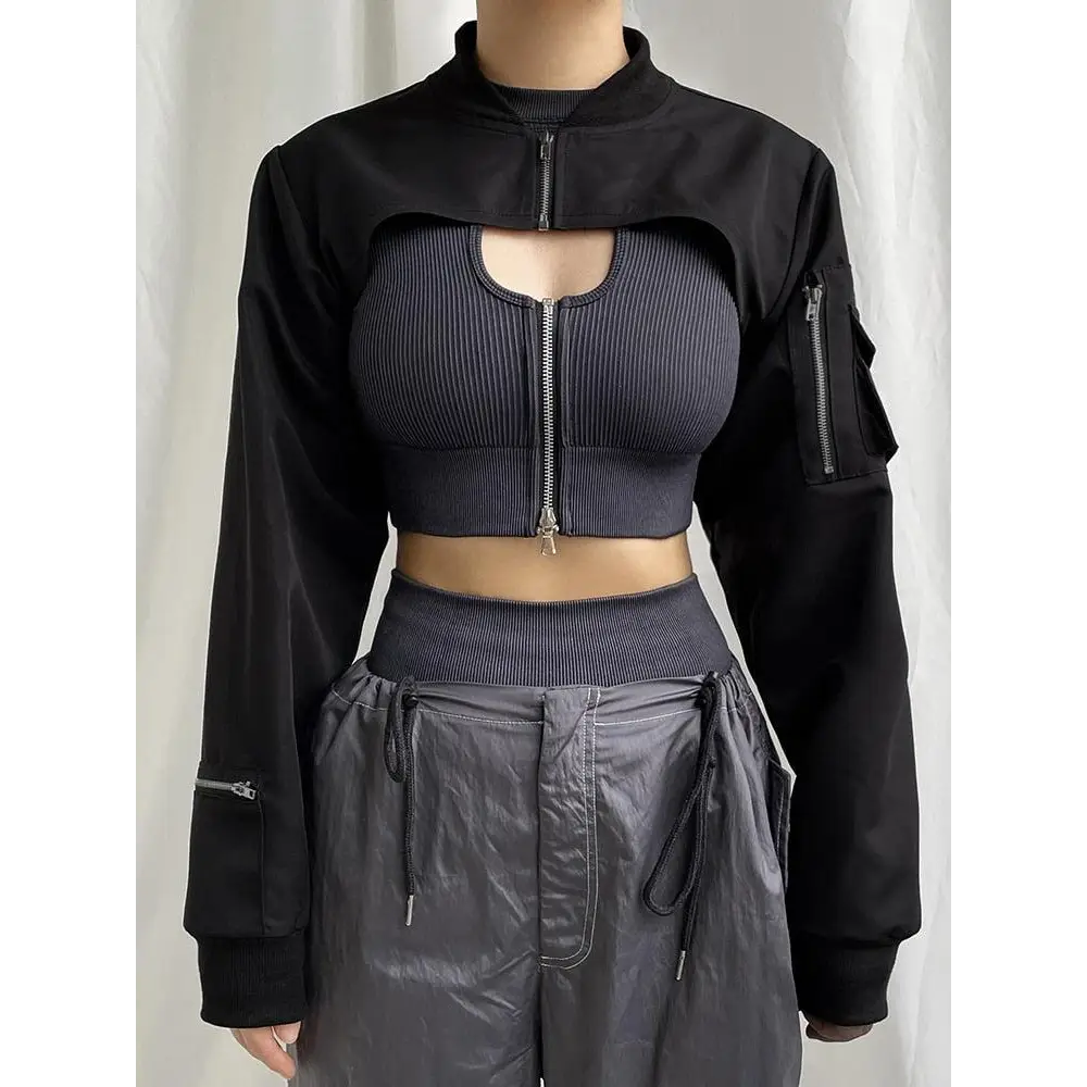 Cyberpunk aesthetic black bolero jacket with zip-up sleeve pockets - s