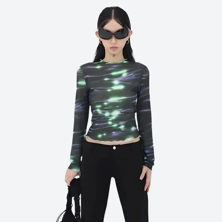 Seamless mesh top with ethereal green lights for cyberpunk aesthetic - black / s