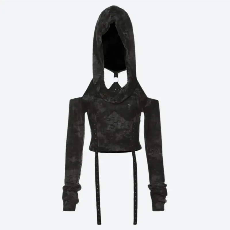 Gothic-chic y2k full zip jacket with off-shoulder cut - top