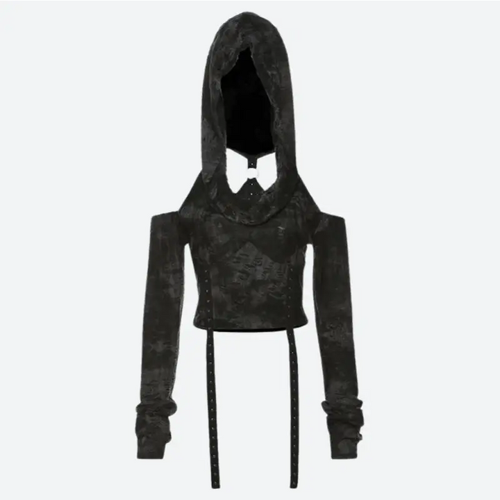 Gothic-chic y2k full zip jacket with off-shoulder cut - top