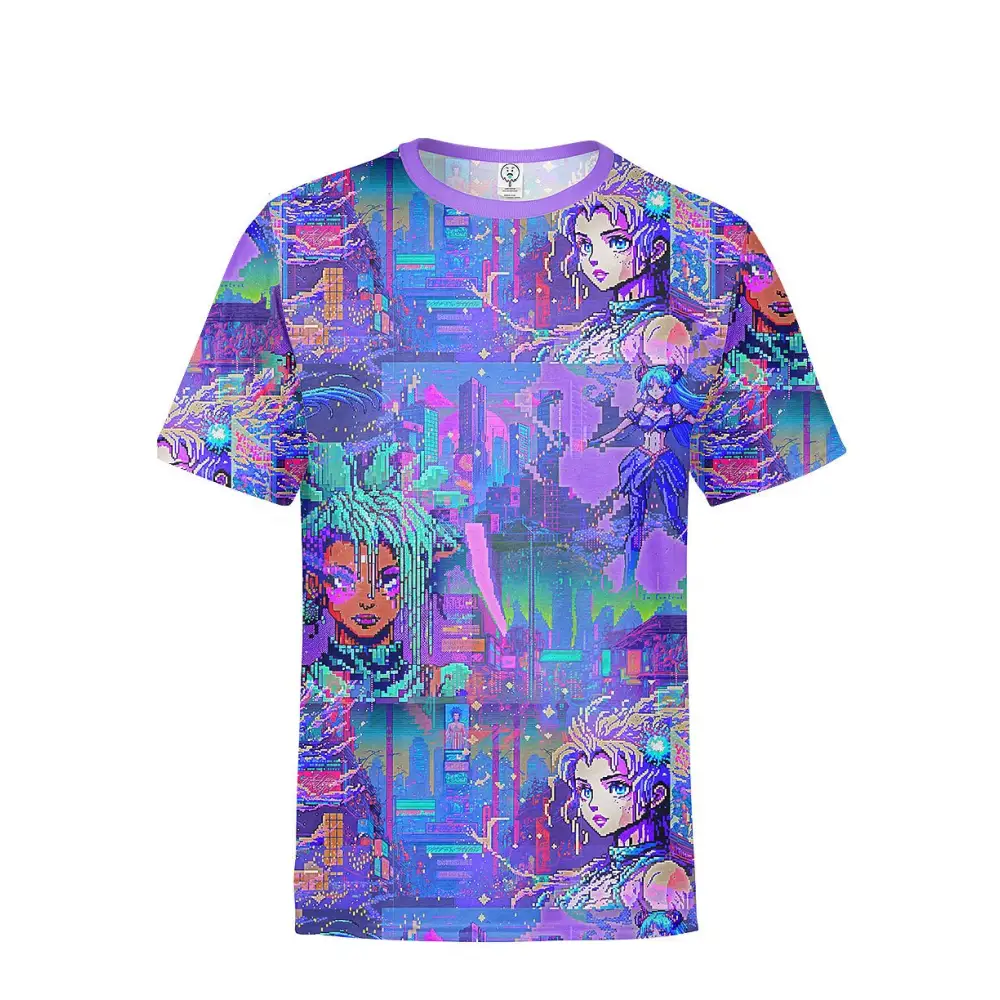 Cyberpunk pixel world all over printed t-shirt - xs - t-shirt