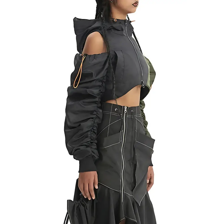 Cropped cyberpunk aesthetic puffer jacket with double zip fastening - black / one size