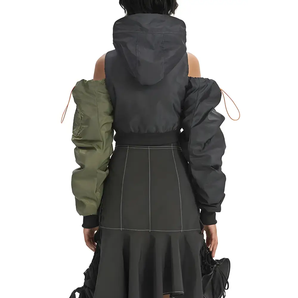 Cropped cyberpunk aesthetic puffer jacket with double zip fastening - black / one size