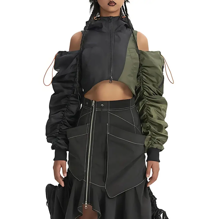 Cropped cyberpunk aesthetic puffer jacket with double zip fastening - black / one size