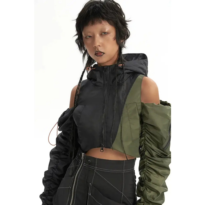 Cropped cyberpunk aesthetic puffer jacket with double zip fastening - black / one size