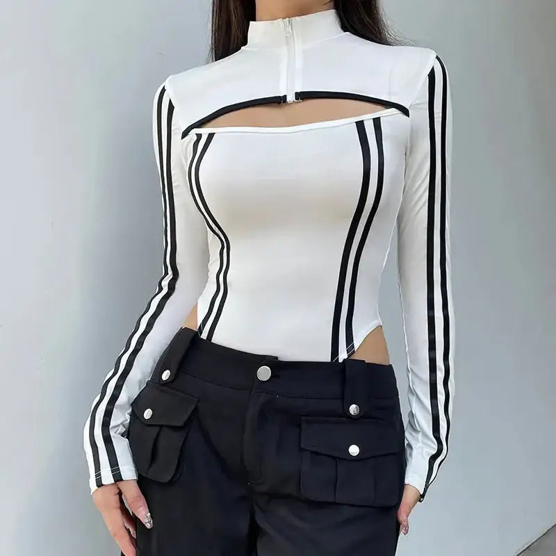 Cyberpunk striped cut out bodysuit - white / s