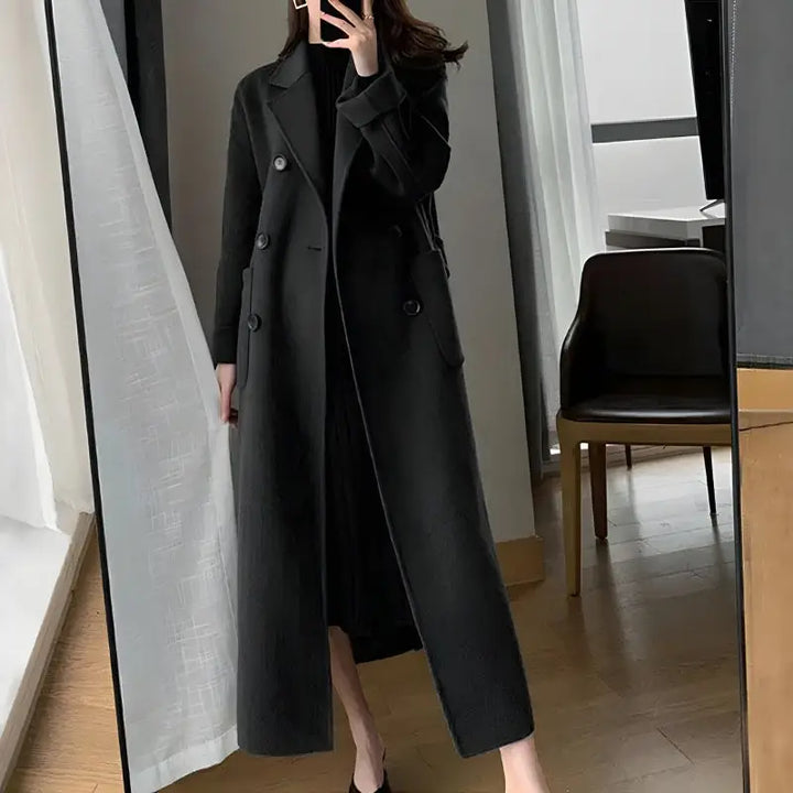 Dark academia long coat with double button fastening in faux wool - black / m