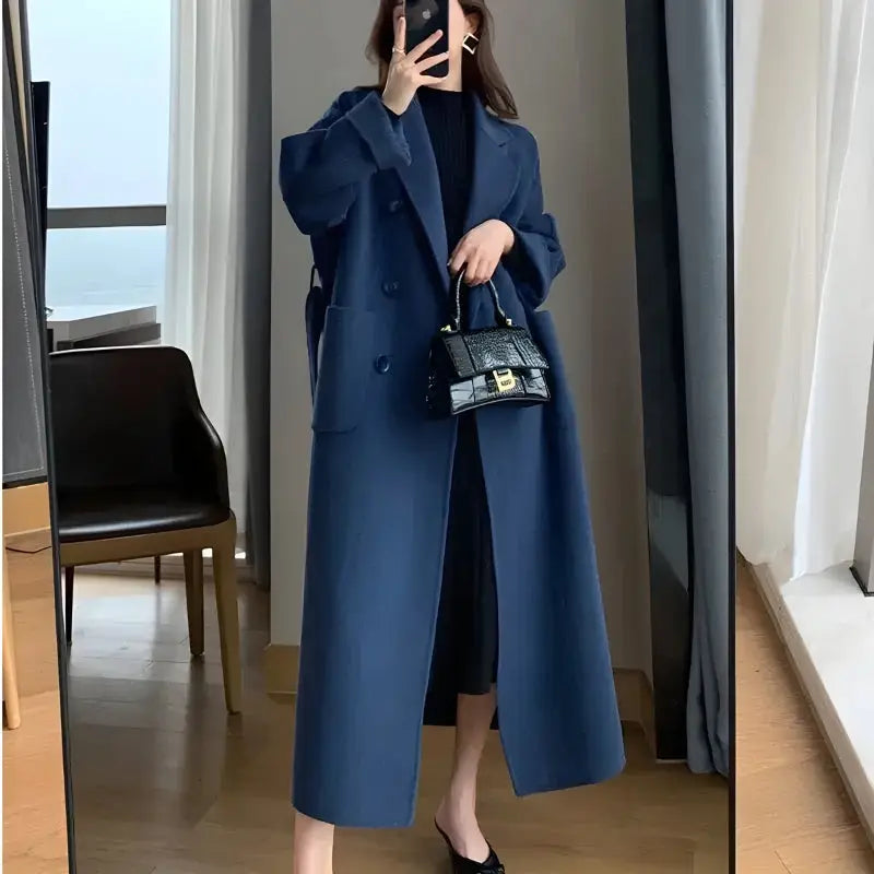 Dark academia long coat with double button fastening in faux wool - blue / m