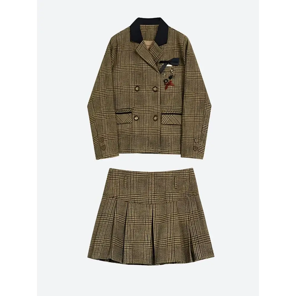 Dark academia plaid two piece set with jacket and pleated mini skirt - brown / s - sets