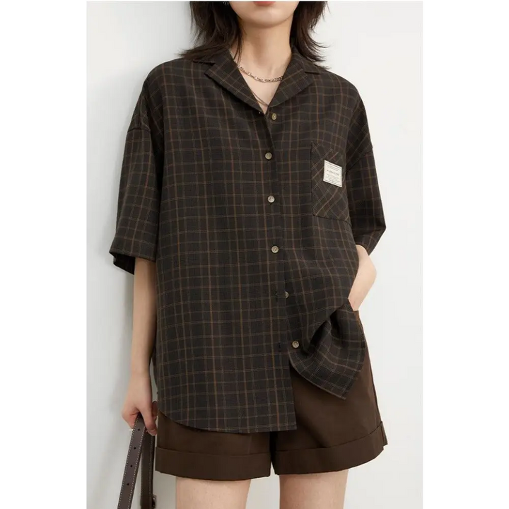 Plaid shirt with single chest pocket for dark academia aesthetic - black / s