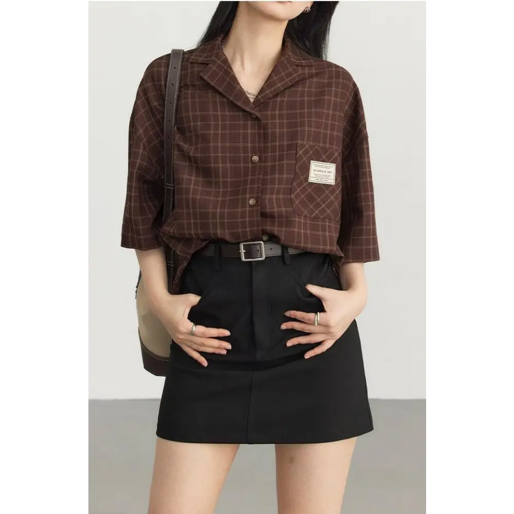 Plaid shirt with single chest pocket for dark academia aesthetic - brown / s