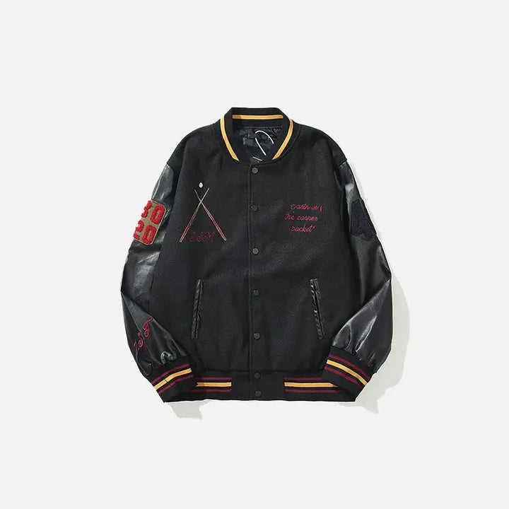 Dark embroidery leather varsity jacket y2k - black / m - jackets