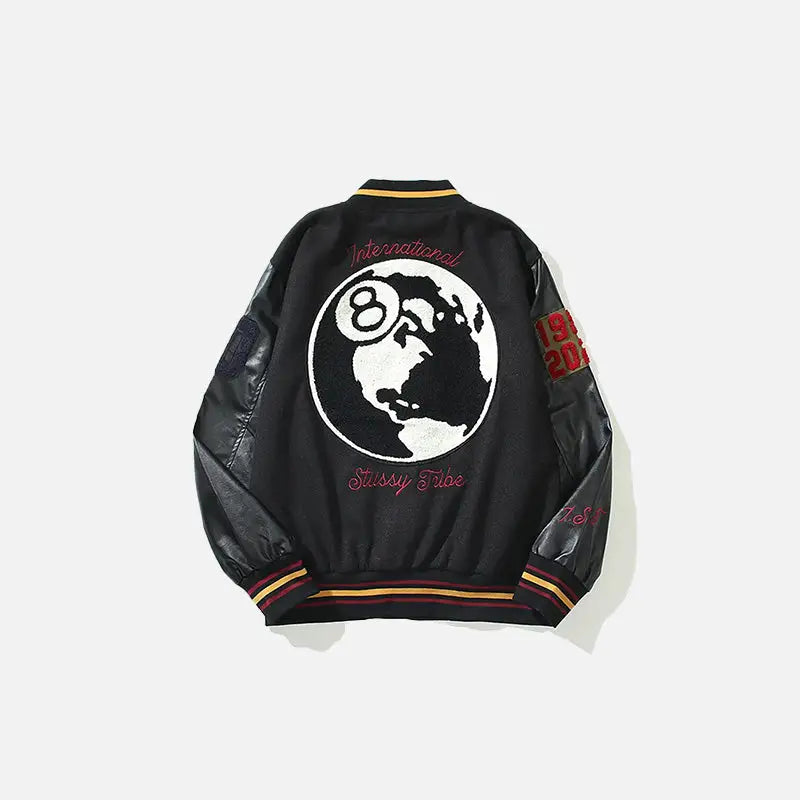 Dark embroidery leather varsity jacket y2k - jackets