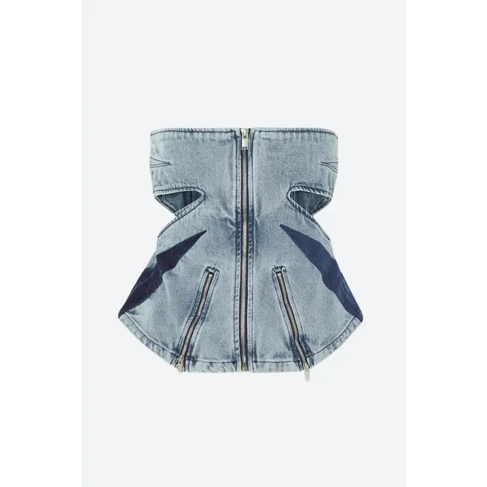 Y2k denim jeans two-piece set with cut-out details and stylish patches - blue / tube top / s - two piece sets