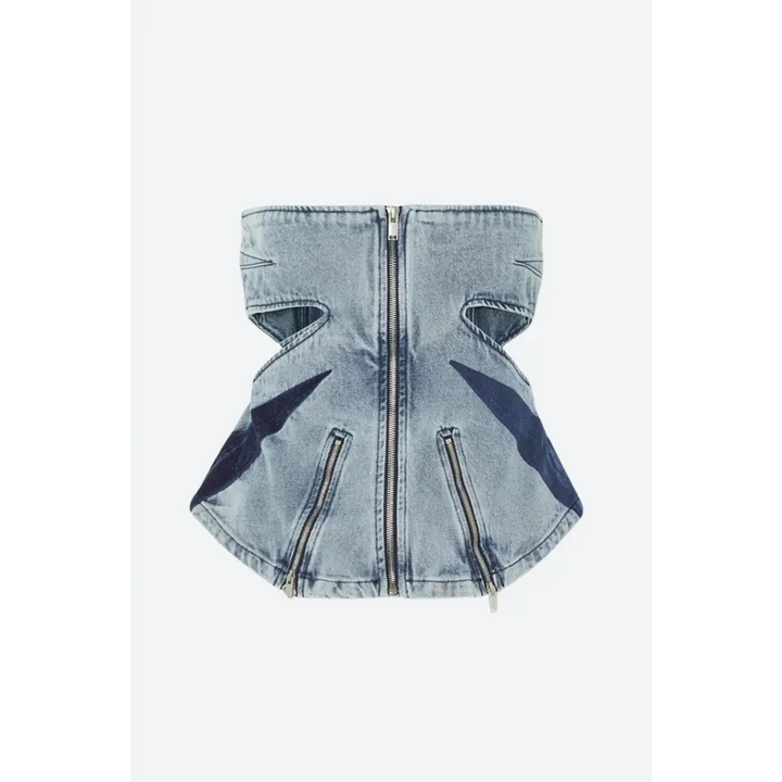 Y2k denim jeans two-piece set with cut-out details and stylish patches - blue / tube top / s - two piece sets