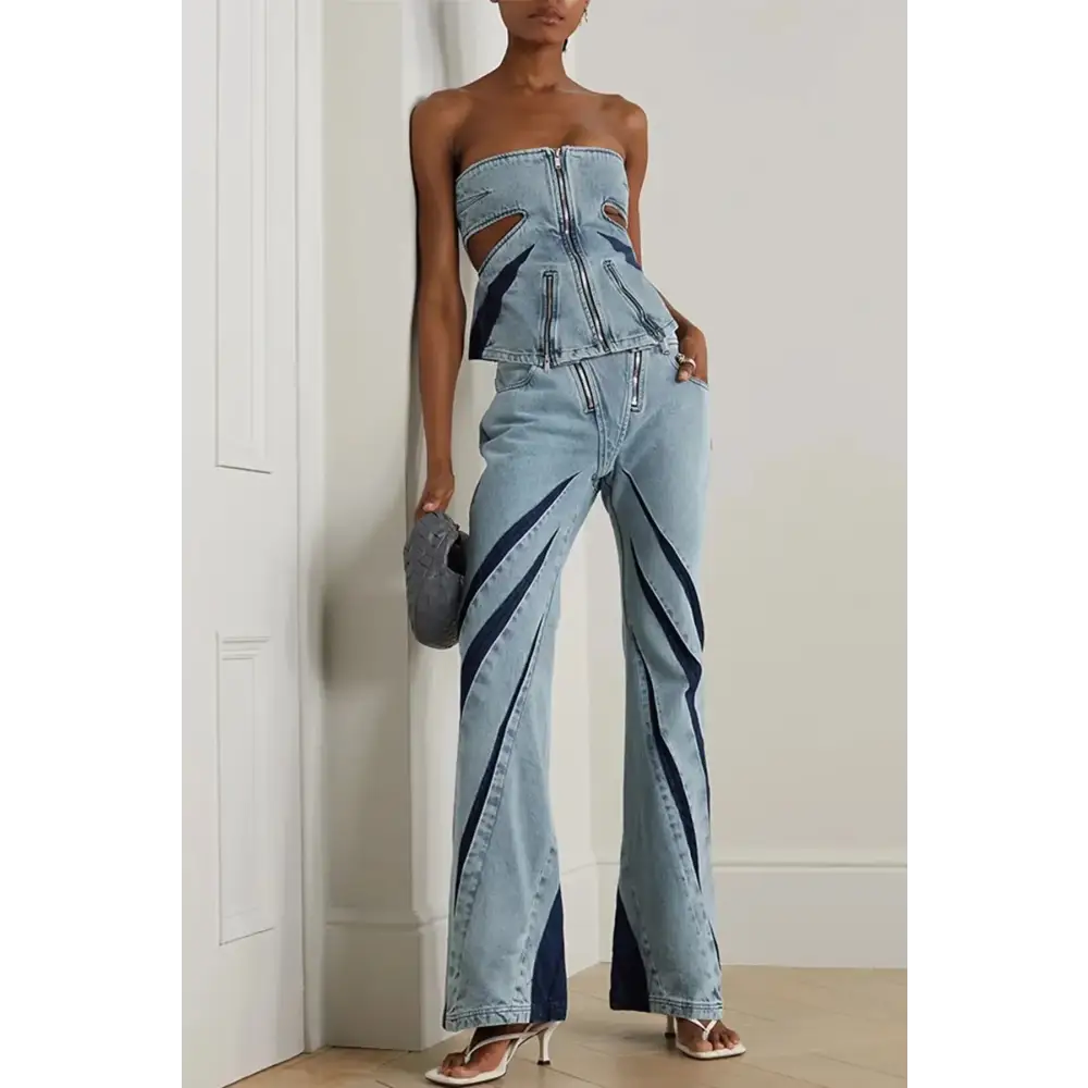 Y2k denim jeans two-piece set with cut-out details and stylish patches - two piece sets