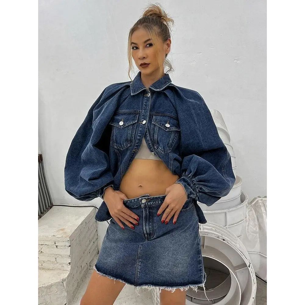 Denim jacket with twin chest pockets and distressed mini skirt set - blue / s - two piece sets