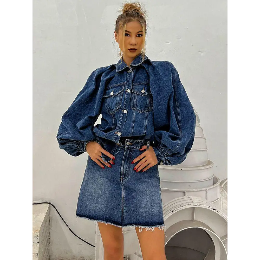 Denim jacket with twin chest pockets and distressed mini skirt set - two piece sets