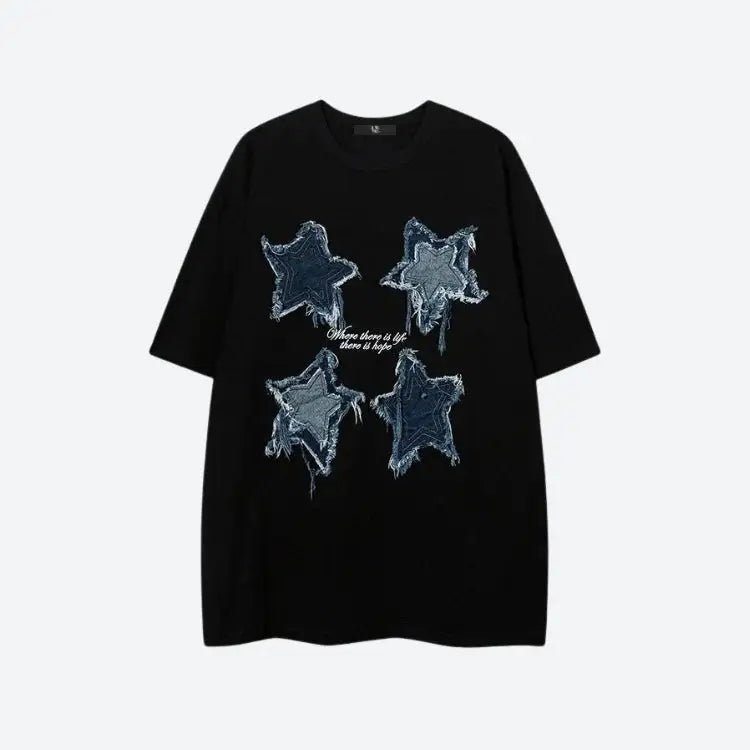 Unisex y2k crew neck tee with star patchwork on denim - black / xs