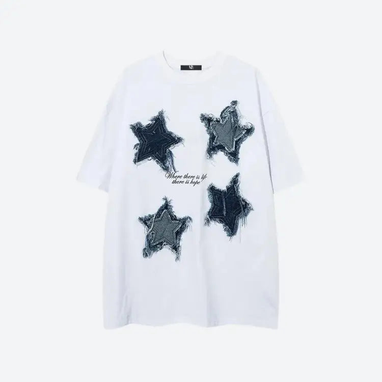 Unisex y2k crew neck tee with star patchwork on denim - white / xs