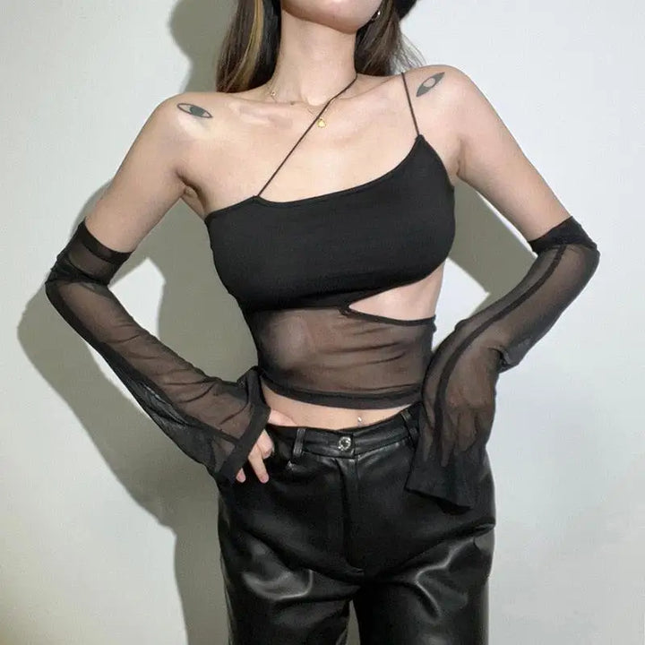 Black halter top with detachable sleeves for y2k grunge chic - s - crop