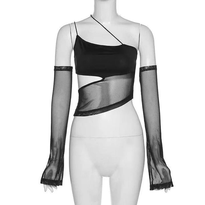 Black halter top with detachable sleeves for y2k grunge chic - crop