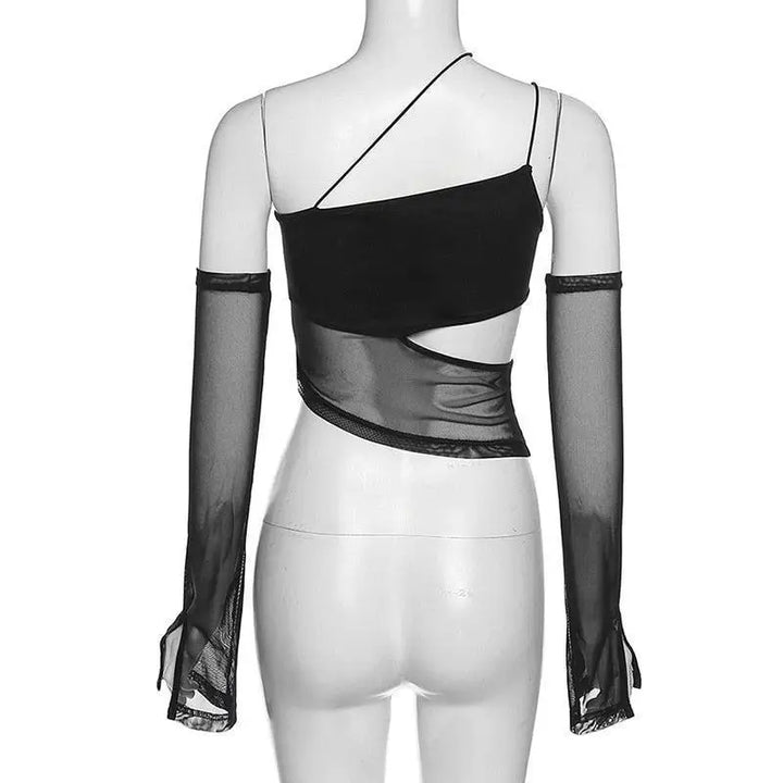 Black halter top with detachable sleeves for y2k grunge chic - crop