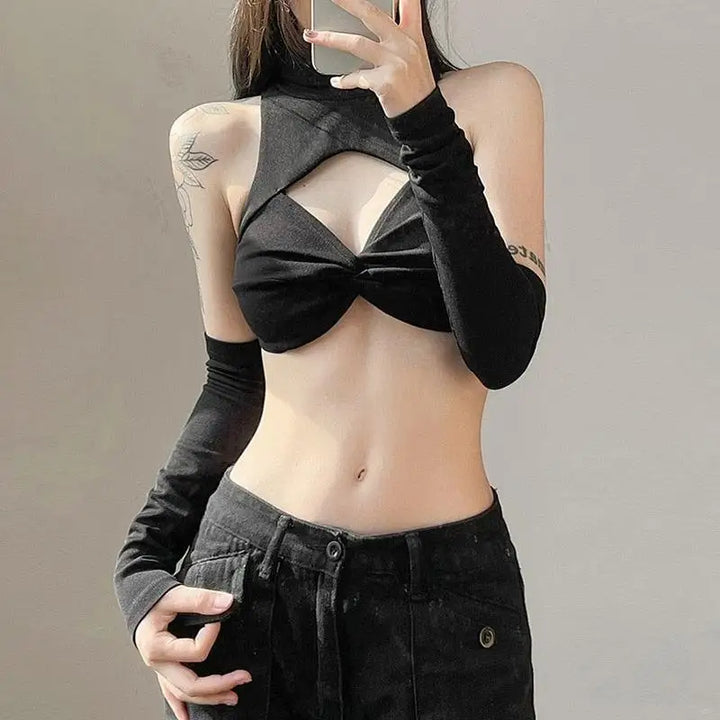 Black halter top with turtleneck design and detachable sleeves y2k style - s - crop