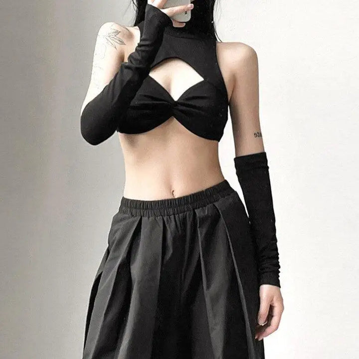 Black halter top with turtleneck design and detachable sleeves y2k style - crop