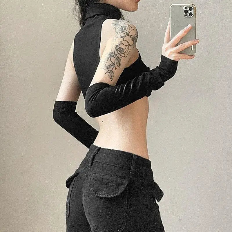 Black halter top with turtleneck design and detachable sleeves y2k style - crop