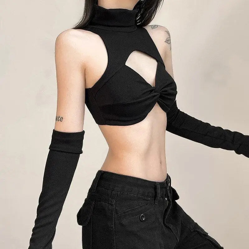 Black halter top with turtleneck design and detachable sleeves y2k style - crop