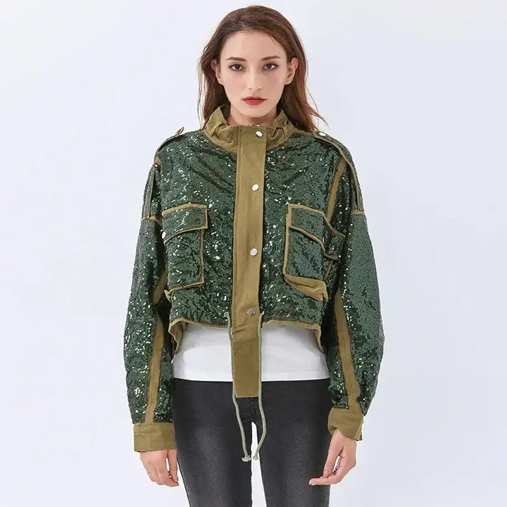 Disco cowgirl jacket with belt details for y2k style parties - dark green / m