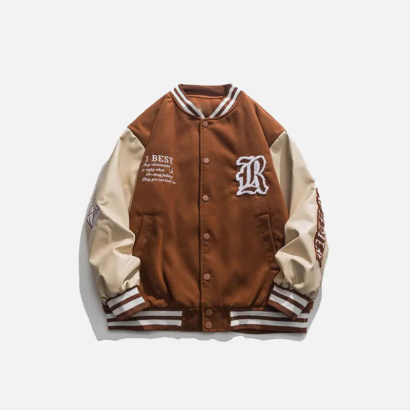 ’distant’ embroidery letter varsity jacket y2k - brown / m - varsity jackets