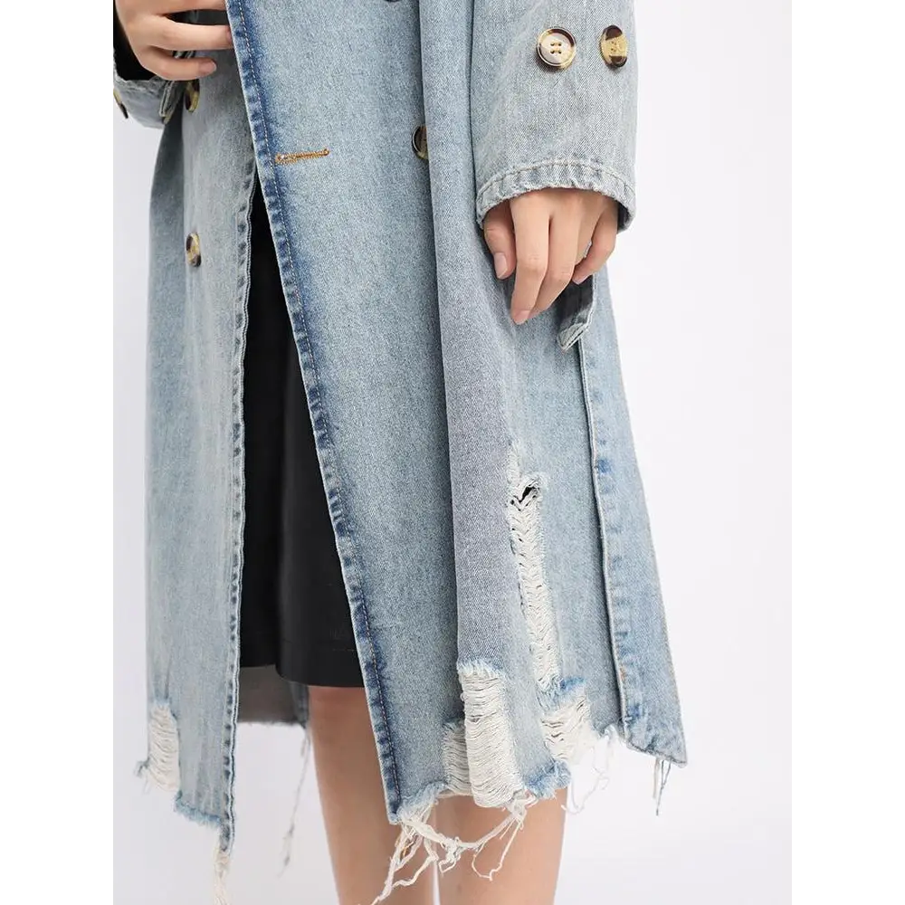 Distressed denim trench coat